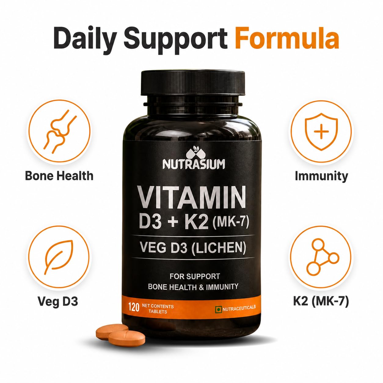 Nutrasium D3 K2 with B12 & DHA | Bone Heart Immunity | 120 Tabs