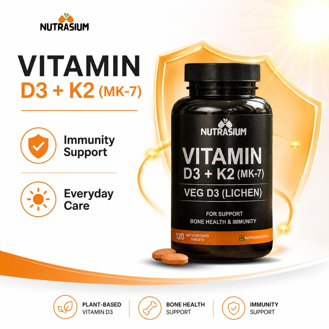 Nutrasium D3 K2 with B12 & DHA | Bone Heart Immunity | 120 Tabs