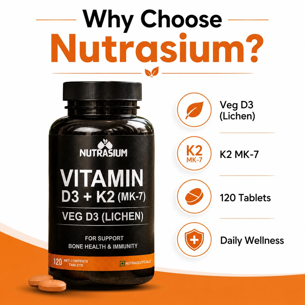 Nutrasium D3 K2 with B12 & DHA | Bone Heart Immunity | 120 Tabs