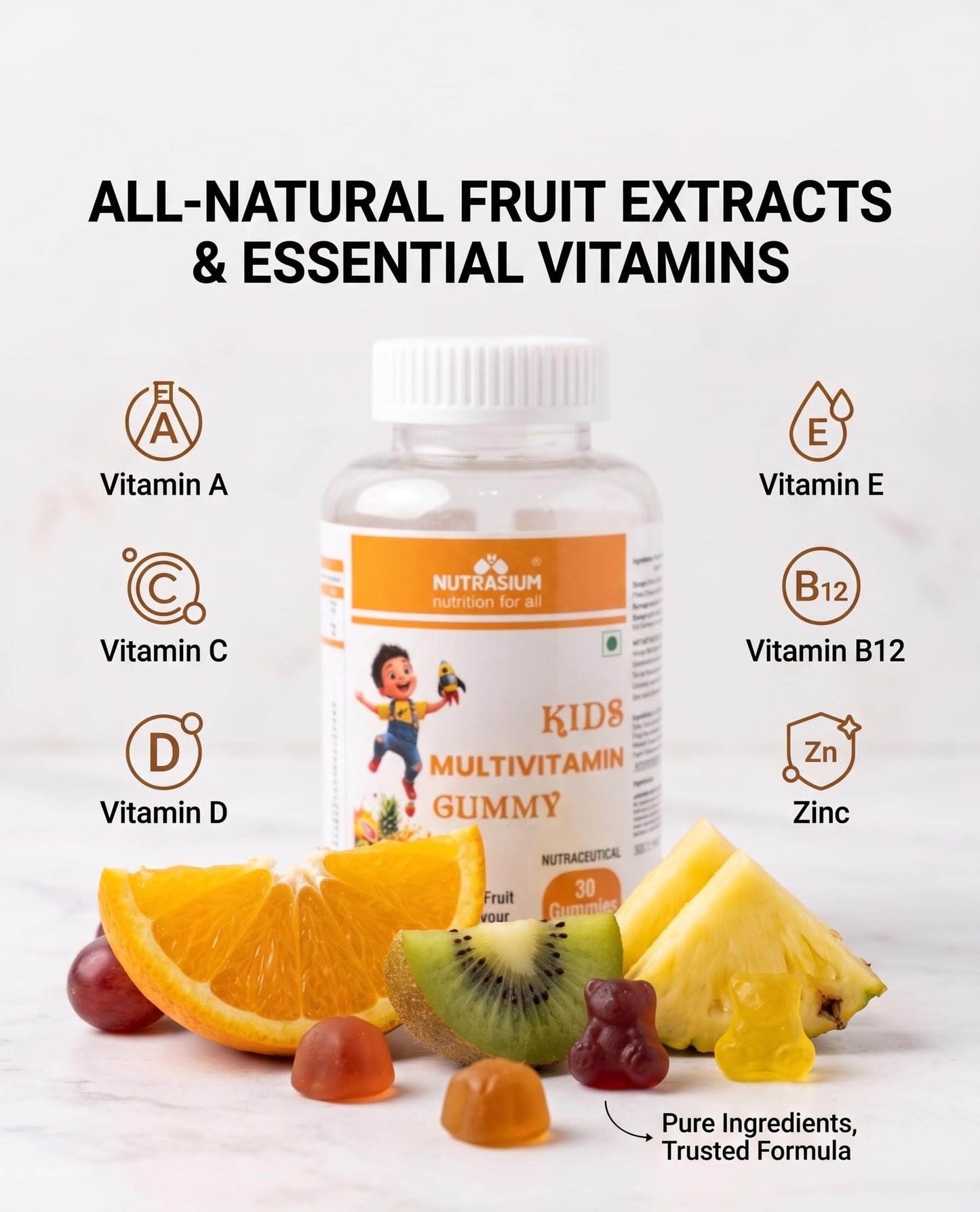 Nutrasium Multivitamin Gummies for Kids | 14 Vitamins & 10 Minerals with Ashwagandha and Ginseng | Supports Immunity, Bone Health & Brain Development | No Added Sugar | Mixed Fruit | 30 Gummies