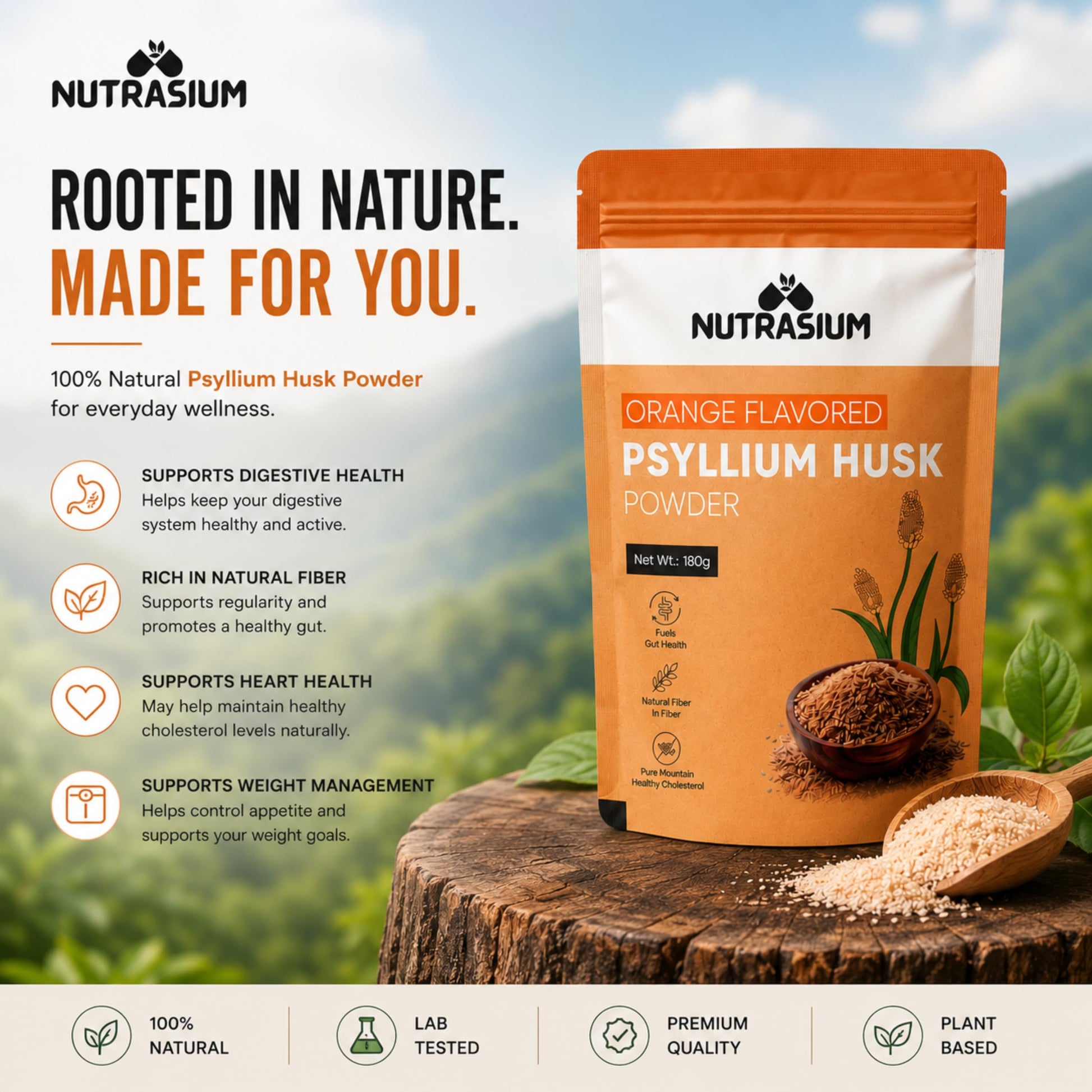 Nutrasium Psyllium Husk Powder, 180 gram, Orange Flavour