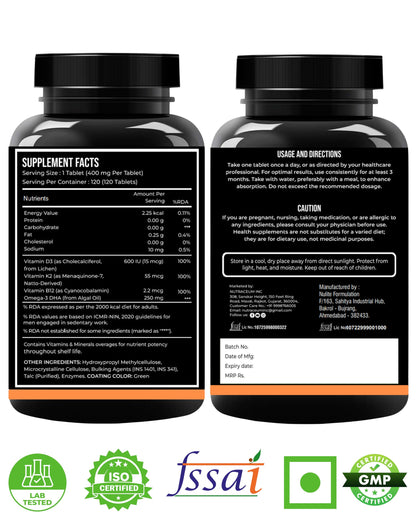 Nutrasium D3 K2 with B12 & DHA | Bone Heart Immunity | 120 Tabs