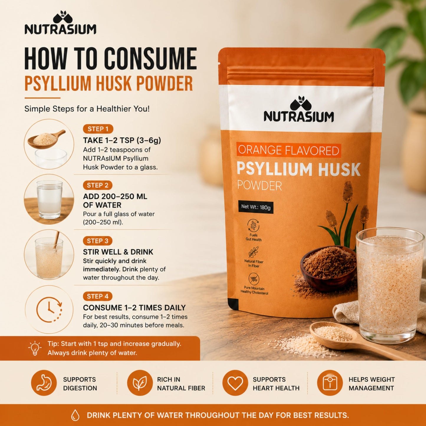 Nutrasium Psyllium Husk Powder, 180 gram, Orange Flavour