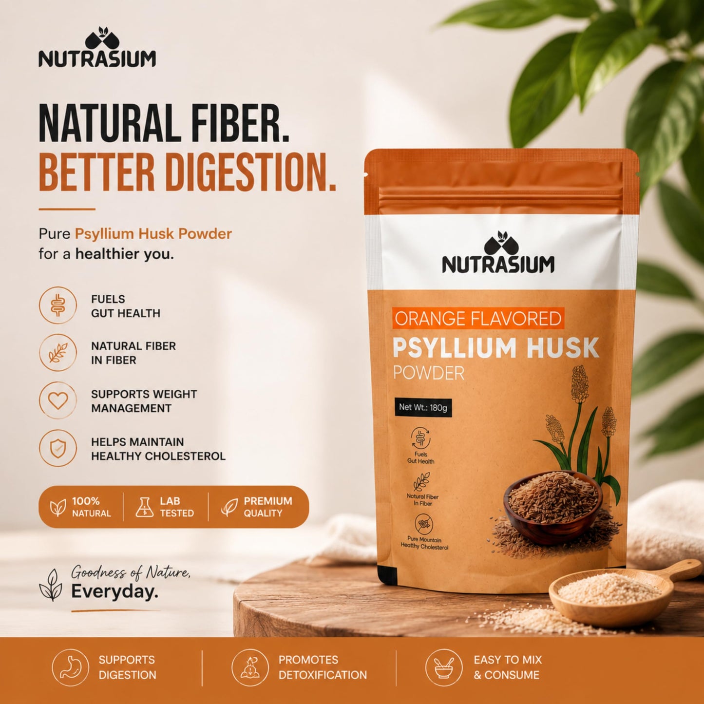 Nutrasium Psyllium Husk Powder, 180 gram, Orange Flavour