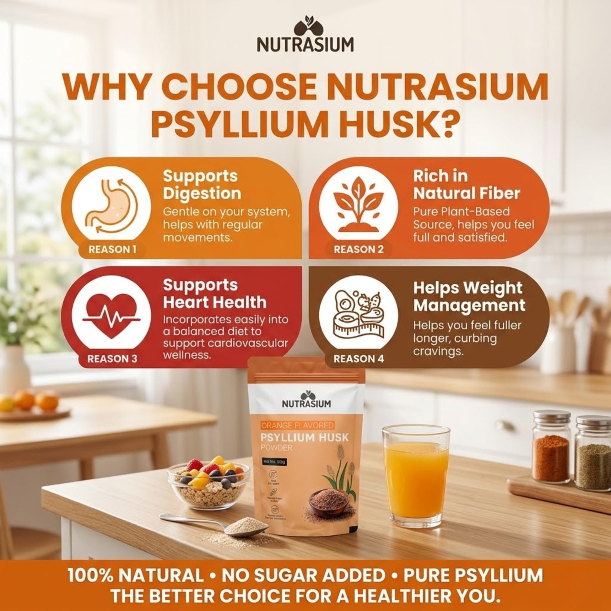 Nutrasium Psyllium Husk Powder, 180 gram, Orange Flavour