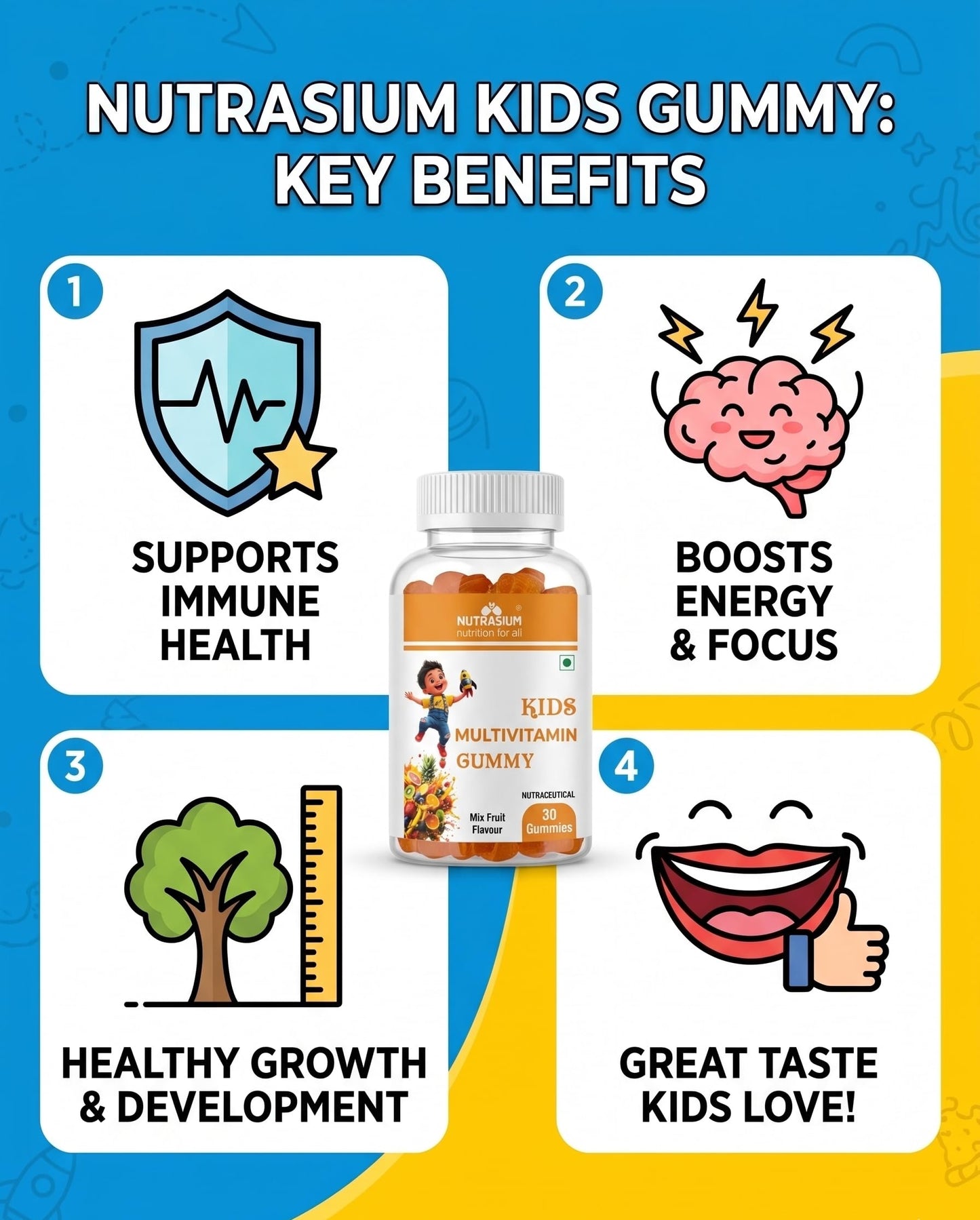 Nutrasium Multivitamin Gummies for Kids | 14 Vitamins & 10 Minerals with Ashwagandha and Ginseng | Supports Immunity, Bone Health & Brain Development | No Added Sugar | Mixed Fruit | 30 Gummies