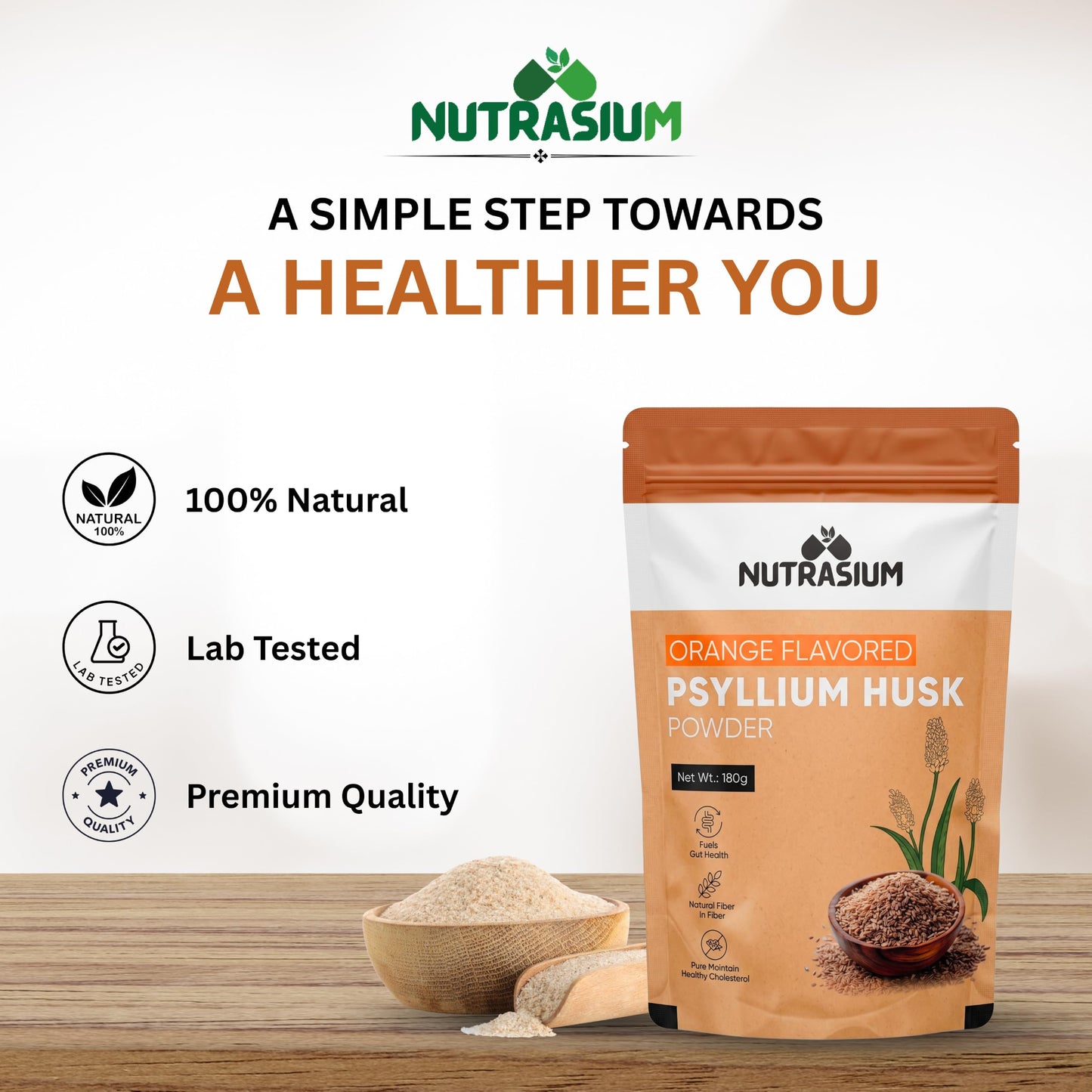 Nutrasium Psyllium Husk Powder, 180 gram, Orange Flavour