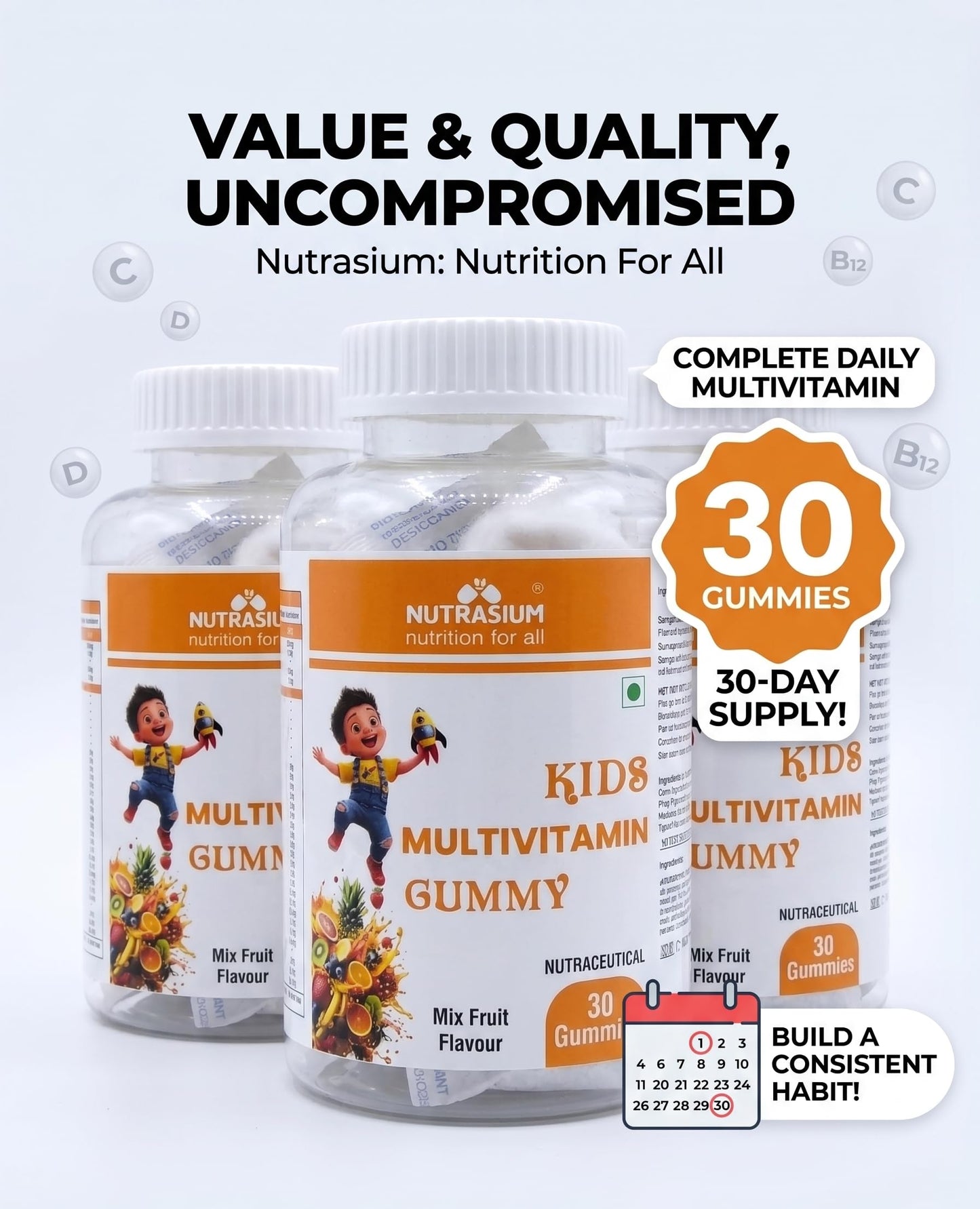 Nutrasium Multivitamin Gummies for Kids | 14 Vitamins & 10 Minerals with Ashwagandha and Ginseng | Supports Immunity, Bone Health & Brain Development | No Added Sugar | Mixed Fruit | 30 Gummies