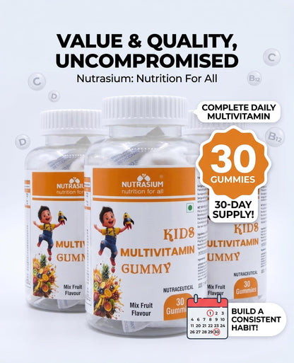 Nutrasium Multivitamin Gummies for Kids | 14 Vitamins & 10 Minerals with Ashwagandha and Ginseng | Supports Immunity, Bone Health & Brain Development | No Added Sugar | Mixed Fruit | 30 Gummies