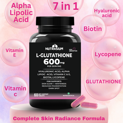 L-Glutathione 600 mg with Hyaluronic acid and Biotin For Skin Whitening, Glow, Dark spot Reduction & Pigmnetation