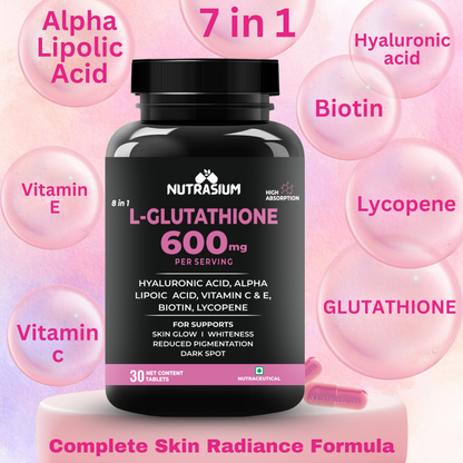 L-Glutathione 600 mg with Hyaluronic acid and Biotin For Skin Whitening, Glow, Dark spot Reduction & Pigmnetation